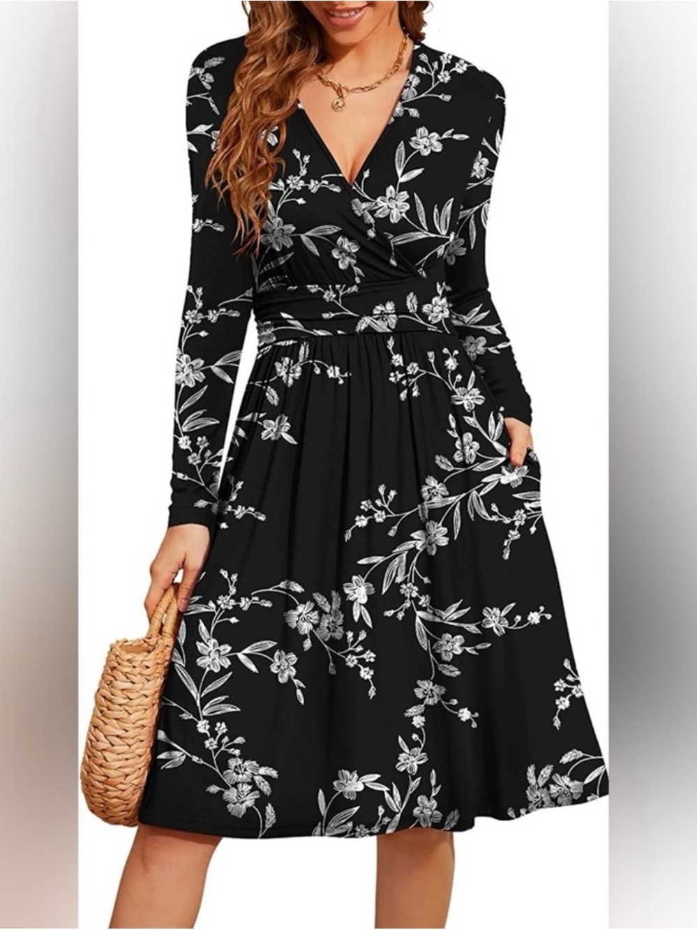 Amazon Black Floral Wrap V-Neck Long Sleeve Dress